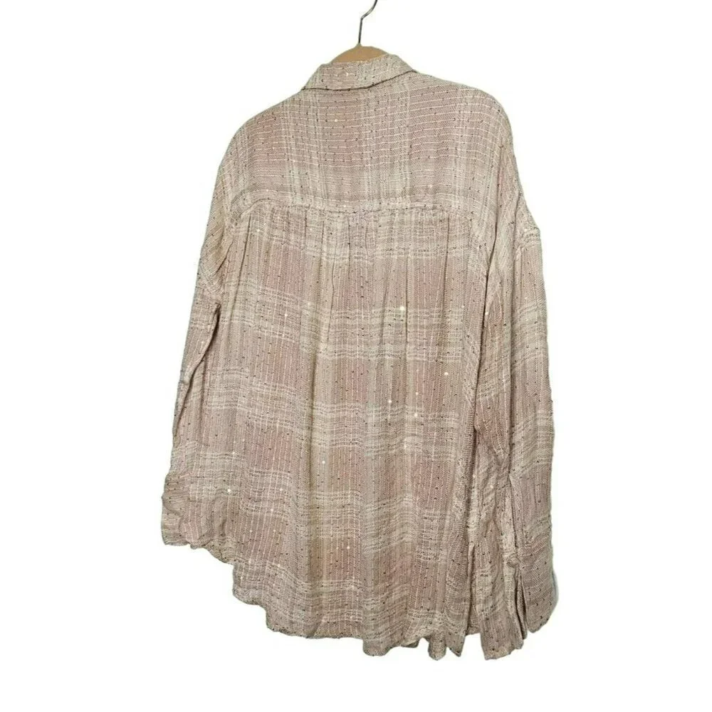 Free People Women's Fearless Love Plaid Woven Shirt Beige/Pink‎ Sequins XSmall